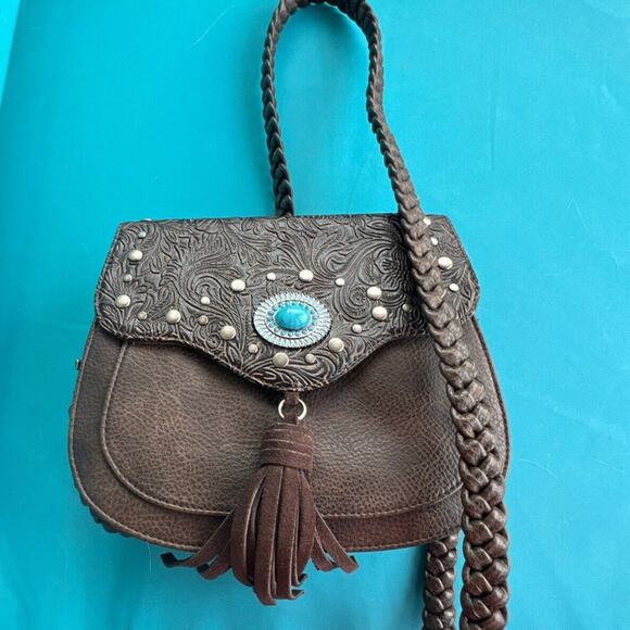 NEW Southwestern Women’s Vegan Brown Turquoise Concho Braided Shoulder Strap Bag - Picture 11 of 11